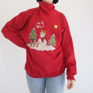 Vintage Pro Sports Red Snowman Christmas Tree Star Snowflake Sweatshirt Cabin L